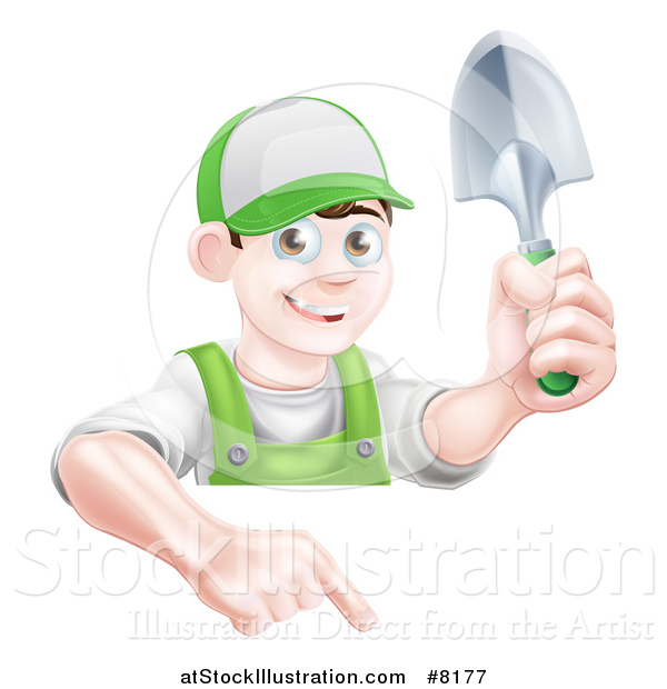 Vector Illustration of a Happy Young Brunette White Male Gardener in Green, Pointing down over a Sign and Holding a Shovel
