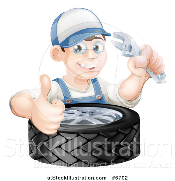 Vector Illustration of a Happy Young Brunette White Mechanic Man Wearing a Baseball Cap, Holding a Wrench and Thumb up over a Tire
