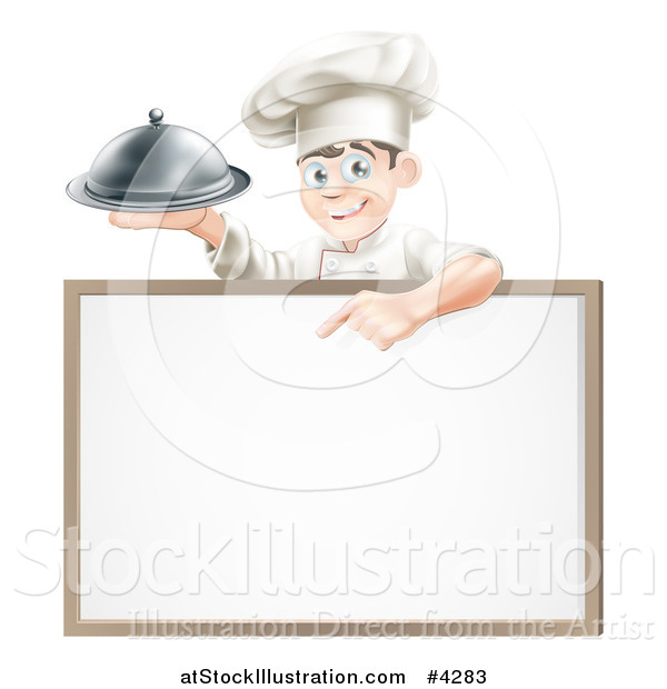 Vector Illustration of a Happy Young Chef Holding a Platter and Pointing down at a White Board Sign