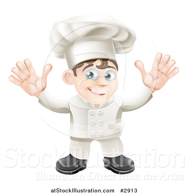Vector Illustration of a Happy Young Chef in Uniform Holding up His Hands