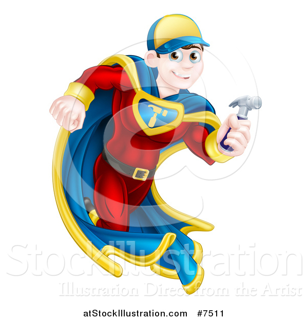 Vector Illustration of a Happy Young Male Brunette Caucasian Carpenter Worker Super Hero Running with a Hammer