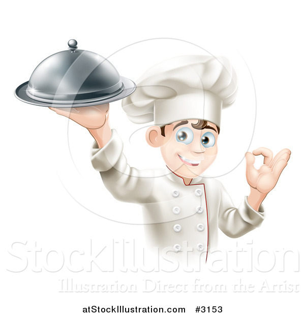 Vector Illustration of a Happy Young Male Chef Holding a Platter and Gesturing Ok