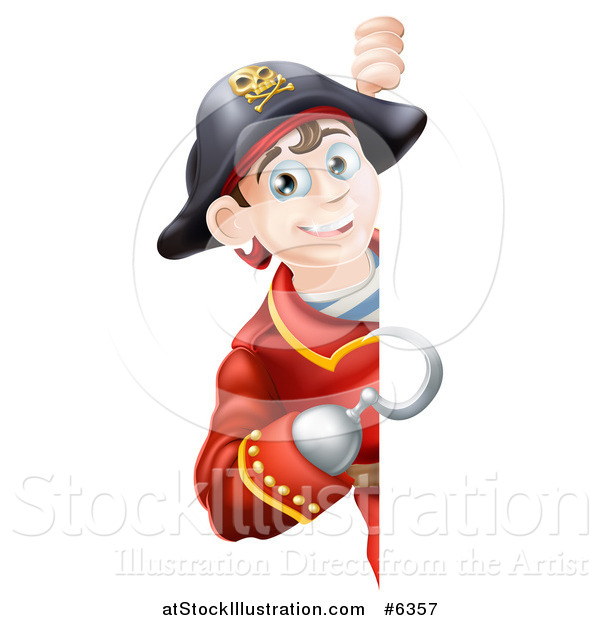 Vector Illustration of a Happy Young Male Pirate Captain Pointing with a Hook Hand Around a Sign