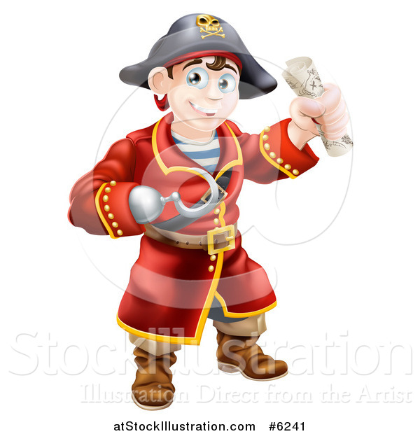 Vector Illustration of a Happy Young Male Pirate Captain with a Hook Hand, Holding a Rolled Treasure Map