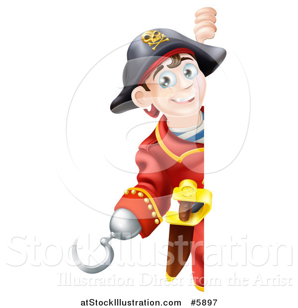 Vector Illustration of a Happy Young Pirate Captain Looking Around a Sign