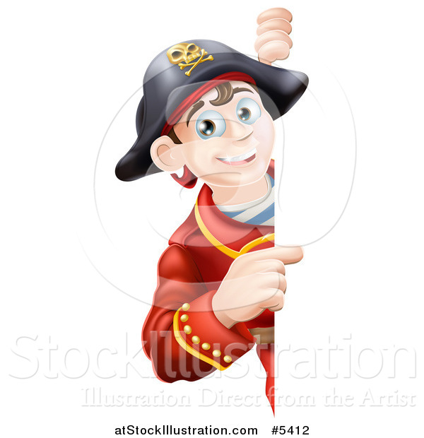 Vector Illustration of a Happy Young Pirate Captain Looking Around and Pointing to a Sign