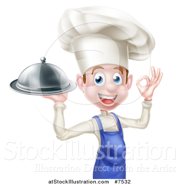 Vector Illustration of a Happy Young White Male Chef Gesturing Ok and Holding a Cloche Platter