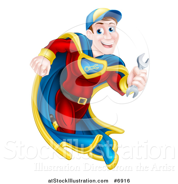 Vector Illustration of a Happy Young White Male Super Hero Mechanic Running with a Wrench