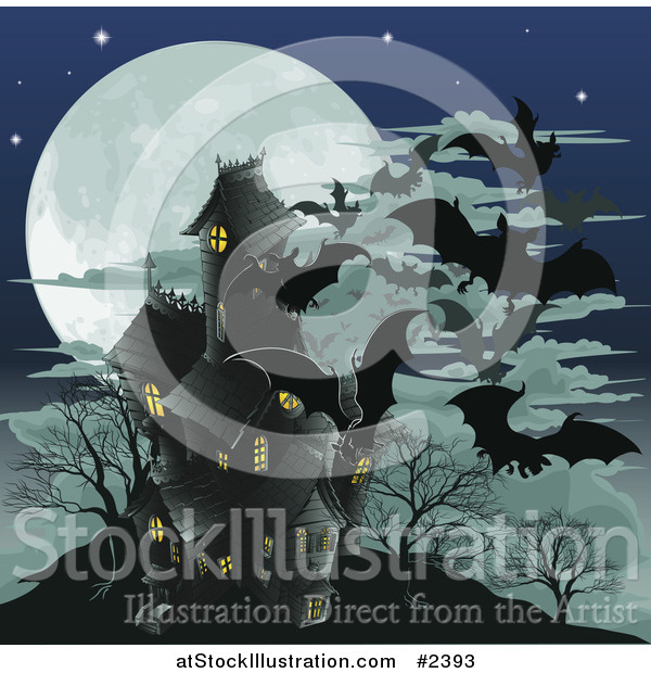 Vector Illustration of a Haunted Halloween House with Vampire Bats and a Full Moon