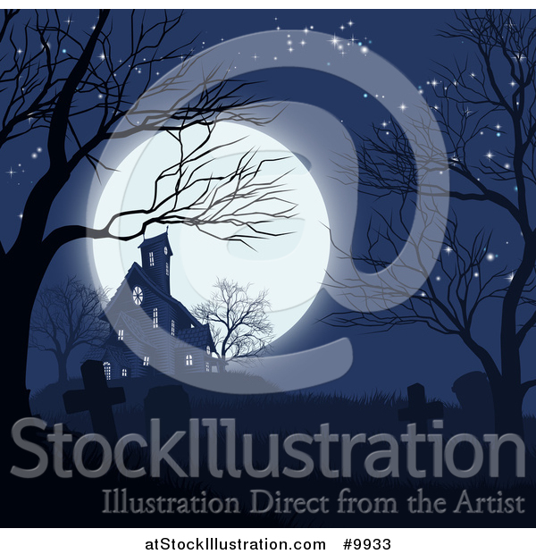 Vector Illustration of a Haunted House and Cemetery Against a Full Moon