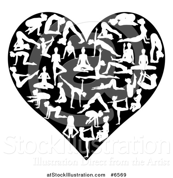 Vector Illustration of a Heart Made of White Silhouetted Yoga and Pilates People on Black