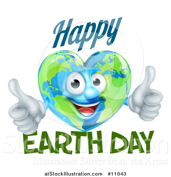 Vector Illustration of a Heart Shaped Globe Mascot Giving Two Thumbs Up, with Happy Earth Day Text