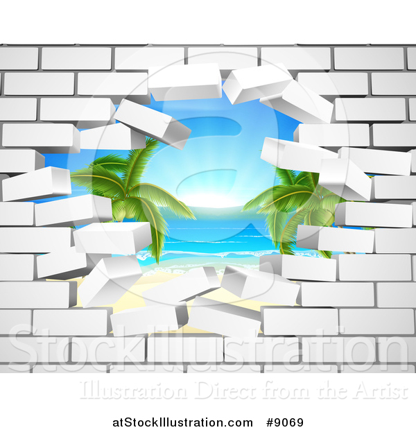 Vector Illustration of a Hole in a 3d White Brick Wall, Revealing a Tropical Beach