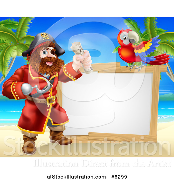 Vector Illustration of a Hook Handed Pirate Captain Holding a Treasure Map by a Blank Sign with a Parrot on a Beach