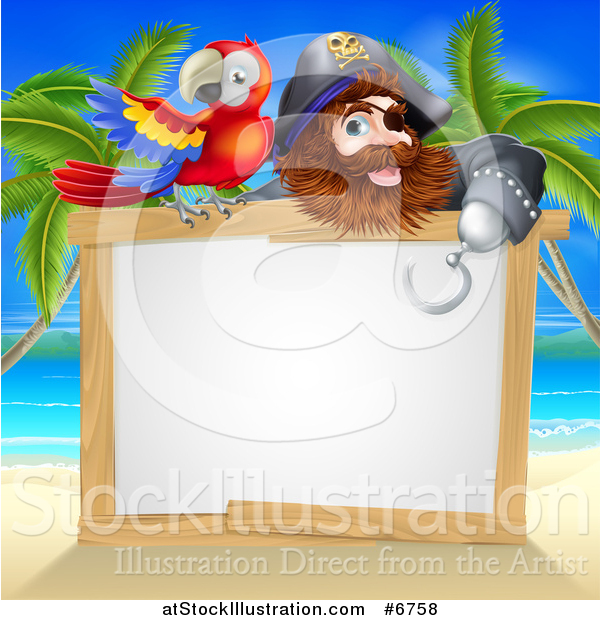 Vector Illustration of a Hook Handed Pirate Captain with a Parrot over a Blank Sign on a Tropical Beach