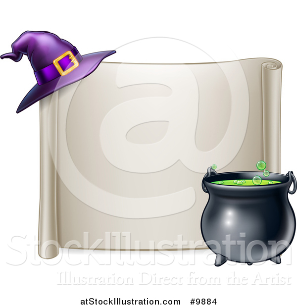 Vector Illustration of a Horizontal Blank Scroll Sign with a Boiling Cauldron and Purple Witch Hat