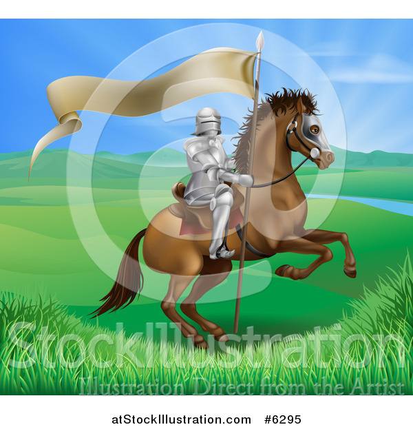 Vector Illustration of a Horseback Medieval Knight in Armor, Riding with a Banner in a Lush Landscape Ona Rearing Horse