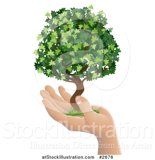 Vector Illustration of a Human Hand Holding a Lush Green Tree