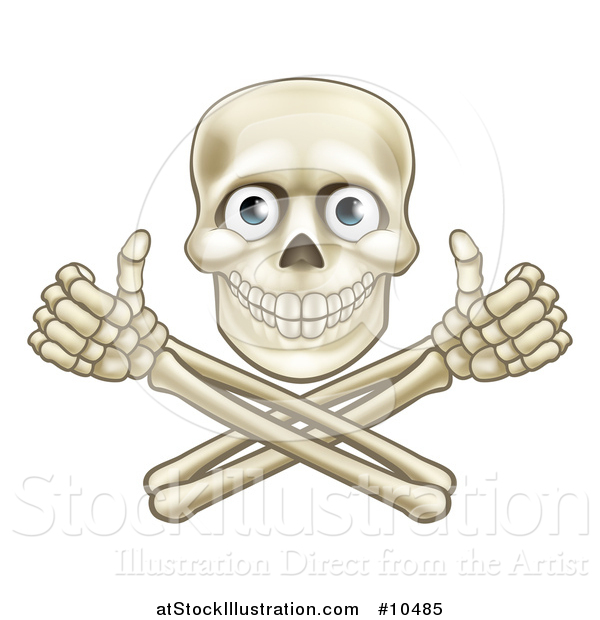 Vector Illustration of a Human Skull with Eyeballs, over Crossbone Arms Giving Thumbs up