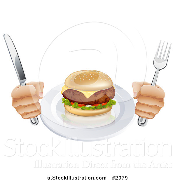 Vector Illustration of a Hungry Persons Hands Holding Silverware by a Cheeseburger