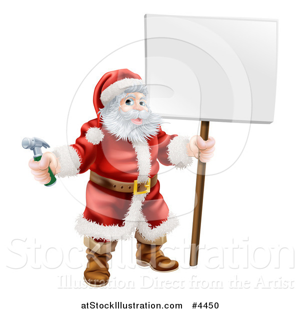 Vector Illustration of a Jolly Santa Holding a Hammer and a Sign
