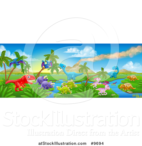 Vector Illustration of a Jurassic Landscape with a Volcano and Dinosaurs