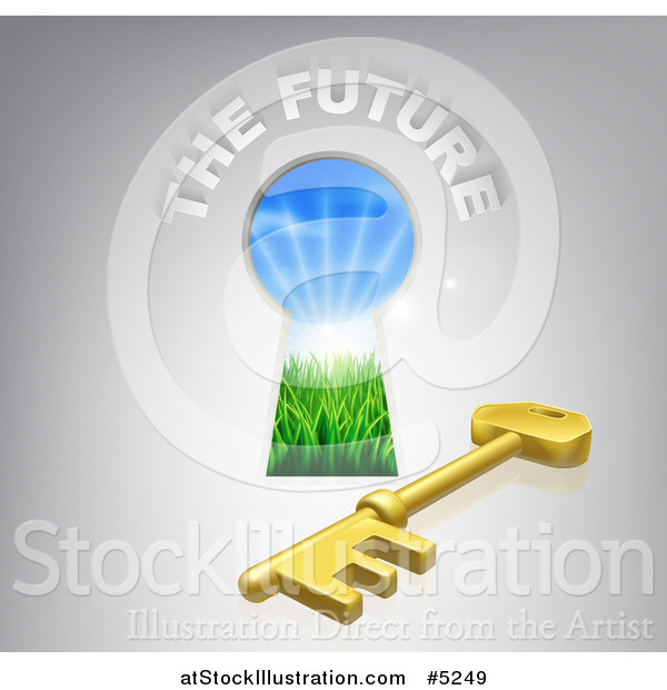 Vector Illustration of a Key Hole Door with Sunshine and Grass, a Skeleton Key and tHE FUTURE Text