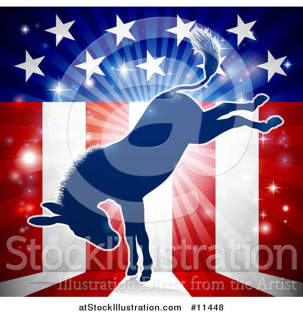 Vector Illustration of a Kicking Democratic Donkey over an American Flag Themed Burst