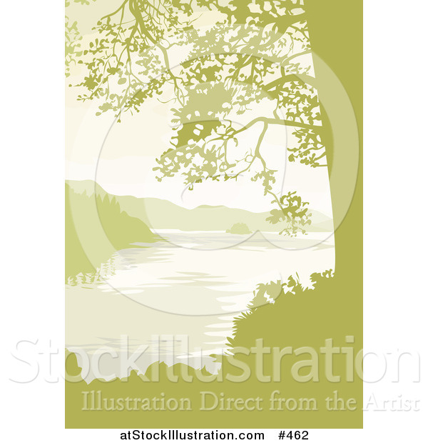 Vector Illustration of a Lake, Mountains and Trees in Yellow Tones