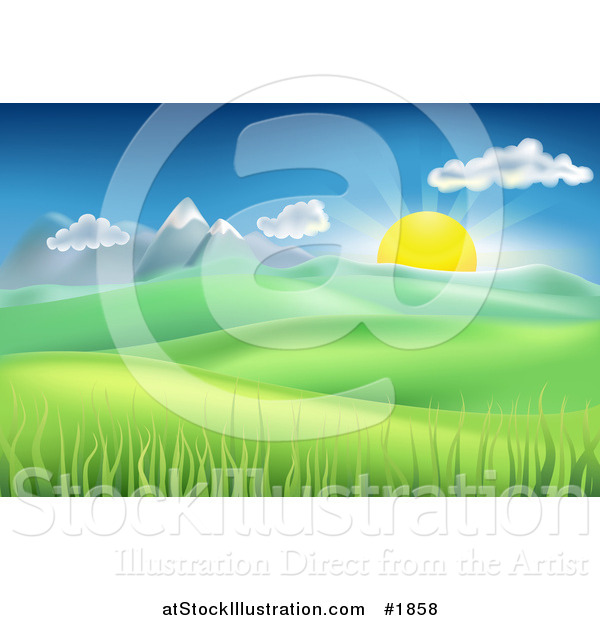 Vector Illustration of a Landscape Background of the Sun Rising over Mountains and Hills