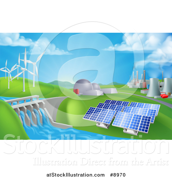 Vector Illustration of a Landscape of 3d Renewable Energy Plants with a Dam, Solar Panels, Wind Turbines, Coal Plants and Nuclear Plants