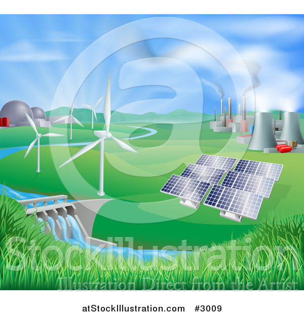 Vector Illustration of a Landscape of Wind Turbine Nuclear Fossil Fuel Coal Solar Panels and Hydro Electric Power Generation Plants