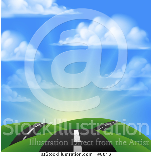 Vector Illustration of a Landscape with a Road Going over Green Hills Against Sunrise