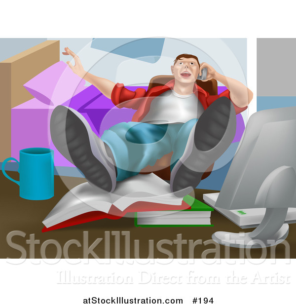 Vector Illustration of a Lazy Man Talking on the Phone with His Feet up on Books on a Table