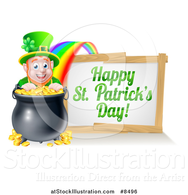 Vector Illustration of a Leprechaun with a Pot of Gold at the End of a Rainbow, with a Happy St Patricks Day Sign