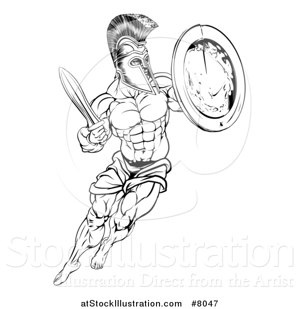 Vector Illustration of a Lineart Black and White Muscular Spartan Man in a Helmet Fighting and Jumping with a Sword and Shield