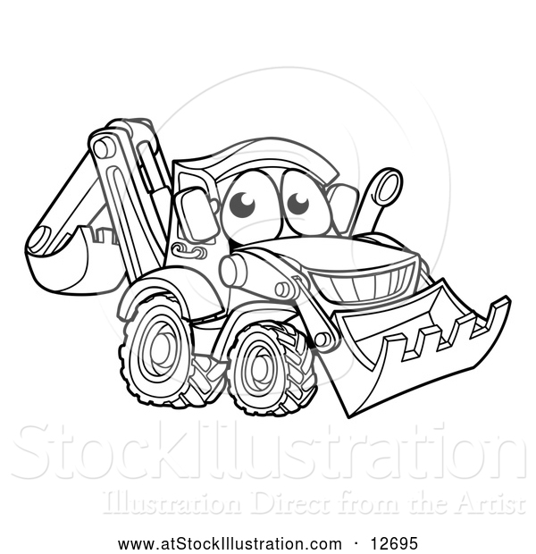 Vector Illustration of a Lineart Bulldozer Digger Mascot Character