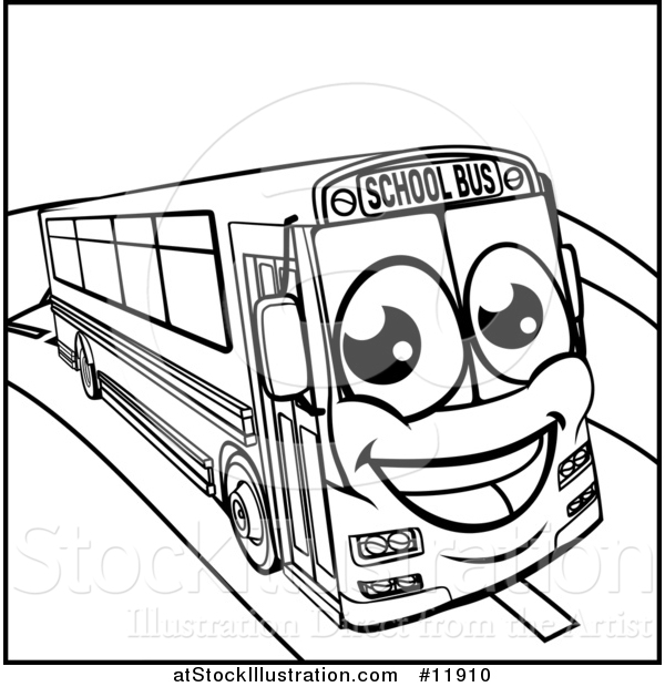Vector Illustration of a Lineart Happy School Bus Mascot