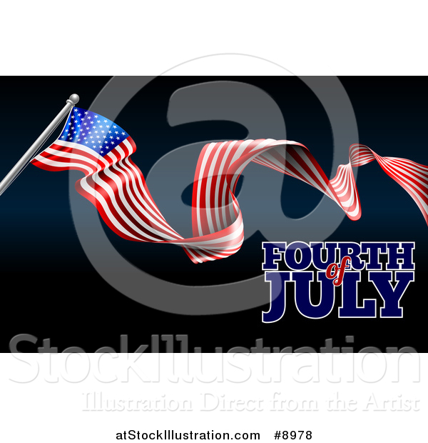 Vector Illustration of a Long Waving American Flag and Fourth of July Text on Black and Dark Blue