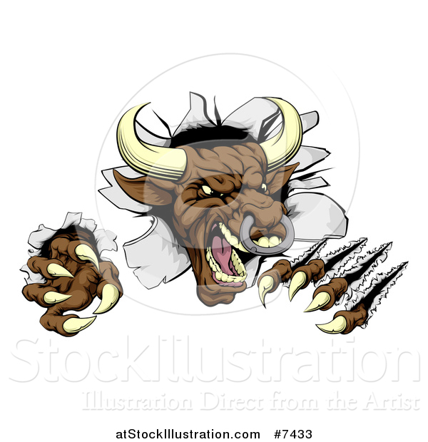 Vector Illustration of a Mad Aggressive Clawed Bull Monster Slashing Through a Wall