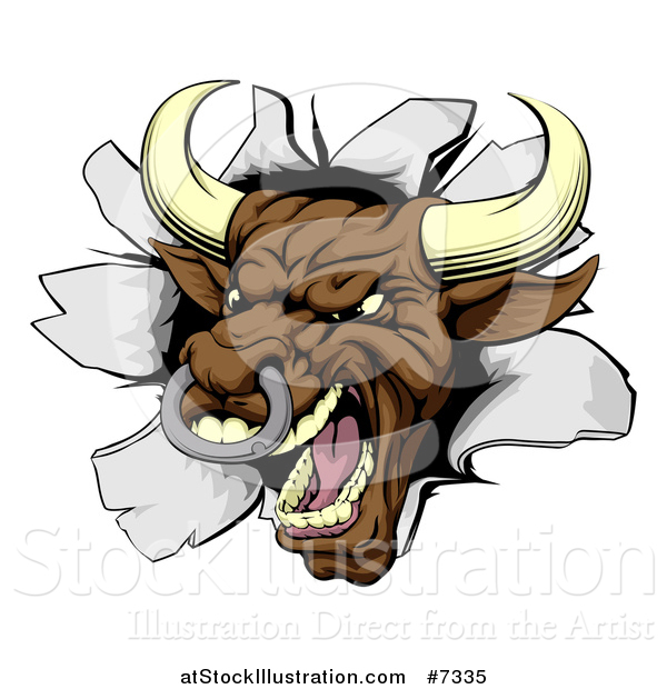 Vector Illustration of a Mad Brown Bull Breaking Through a Wall