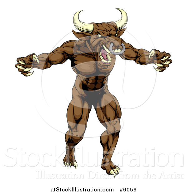Vector Illustration of a Mad Brown Bull Man Monster Mascot Attacking