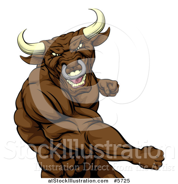 Vector Illustration of a Mad Brown Bull or Minotaur Mascot Punching