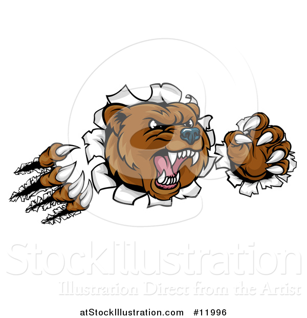 Vector Illustration of a Mad Grizzly Bear Mascot Breaking Through a Wall