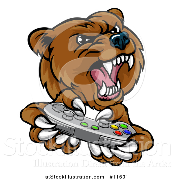 Vector Illustration of a Mad Grizzly Bear Mascot Holding a Video Game Controller