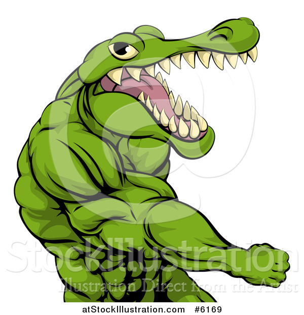Vector Illustration of a Mad Muscular Crocodile or Alligator Man Punching