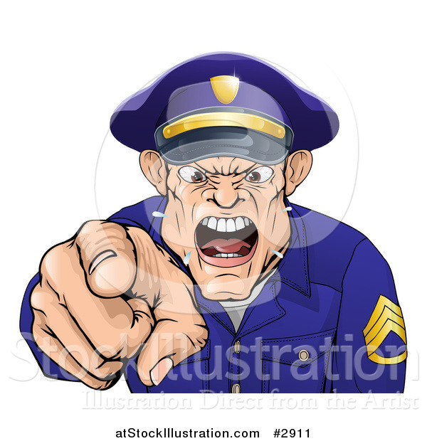 Vector Illustration of a Mad Police Officer Spitting Shouting and Pointing Outwards