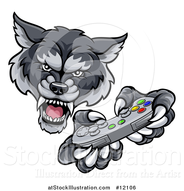 Vector Illustration of a Mad Wolf Mascot Holding a Video Game Controller