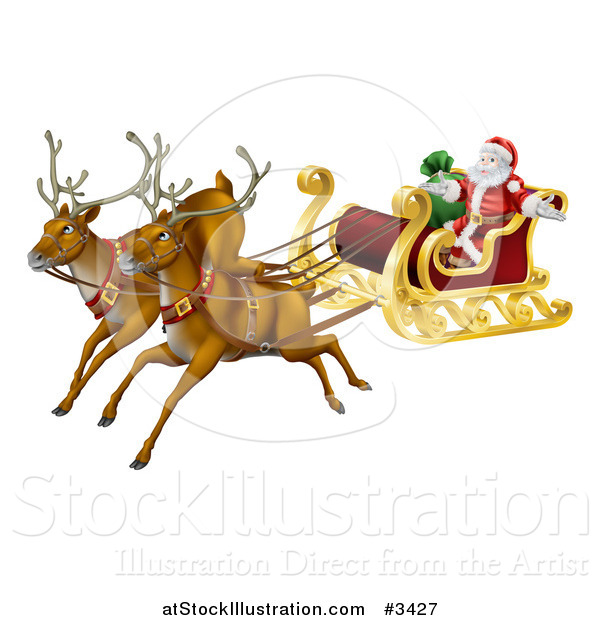 Vector Illustration of a Magic Flying Christmas Reindeer and Santa in a Sleigh