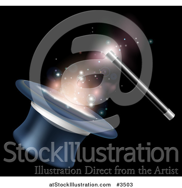 Vector Illustration of a Magic Wand and Light over a Top Hat on Black